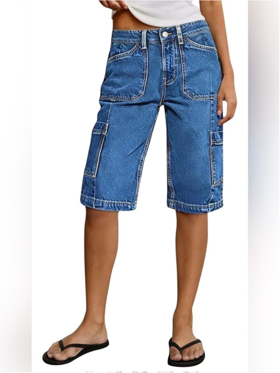 Flamingals Pants - Flamingals Mid Waist Denim Bermuda Shorts Wash Pocket Side Knee Length Cargo